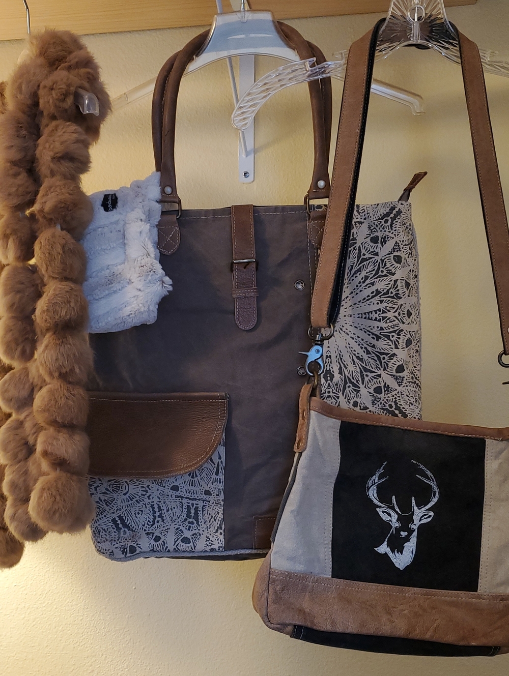 2 Myra Bags Women’s Canvas Totes, Real Fur Scarf & Headband